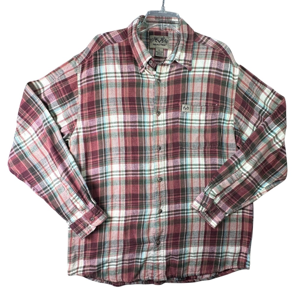 Realtree Mens Plaid Button Down Shirt Cotton Outdoor‎ Gorpcore XL Burgundy Tan